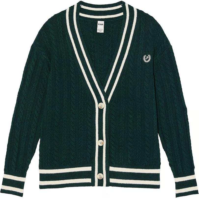 Victoria's Secret PINK Collegiate Cable Knit Oversized Cardigan/Deep Forest Knitwear Women's Dark Forest