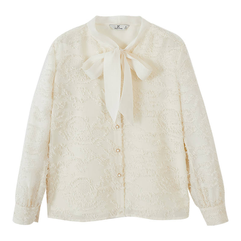 XIANGYING Chiffon Shirts Women's Beige Ribbon Collar Moderate Shirt