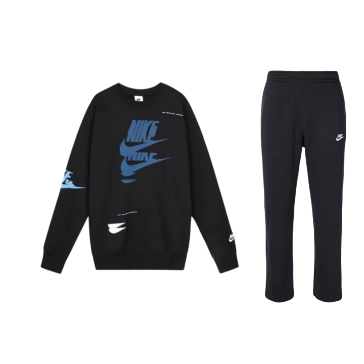 Nike Nike Logo Full Print Velvet Crew Neck Pullover Sweatshirt Breathable Mid Rise Pants Casual Sportswear Unisex Black