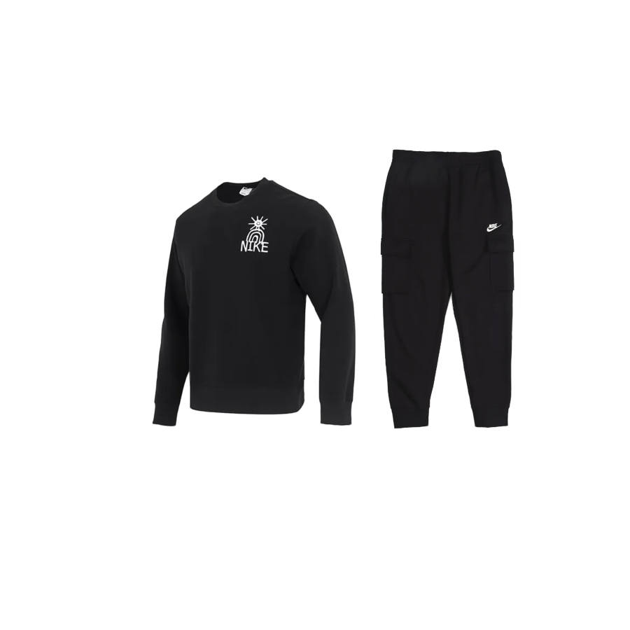 Nike Nike Crew Neck Fleece Lined Thermal Pullover Long Sleeved Elastic Cuff Pants Casual Sportswear Men's Black