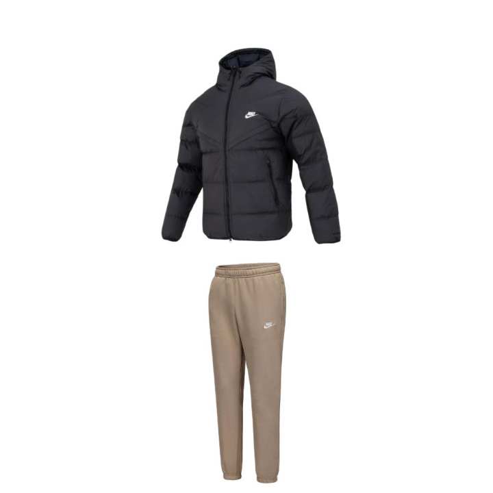 Nike Nike Casual Sportswear Men's Set Black Top+Light Umber Bottom Hooded Thickened And Fleece Lined