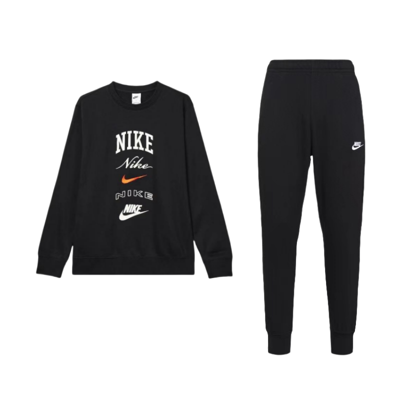 Nike Nike Club Fleece Letter Print Crew Neck Fleece Lined Long Sleeved Sweatshirt With Narrow Cuff Pants Casual Sportswear