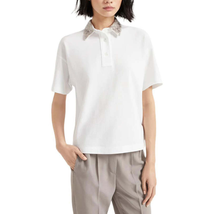 Brunello Cucinelli Sequin Embellished Short Sleeved Polo Shirt