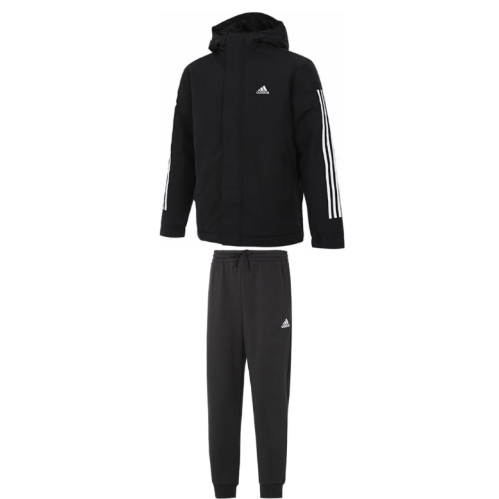 Adidas Adidas Striped Hooded Zipper Long Sleeved Puffer Jacket With Elastic Cuff And Lace Up Fleece Lined Pants