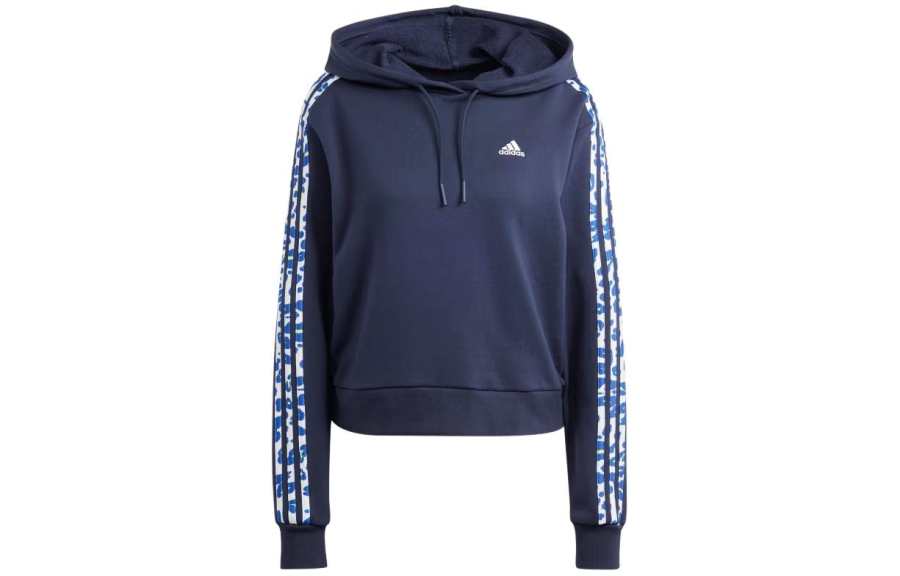 Adidas Adidas Essentials 3 Stripes Animal Print Relaxed Hoodie Sweatshirt Women's Marine Blue