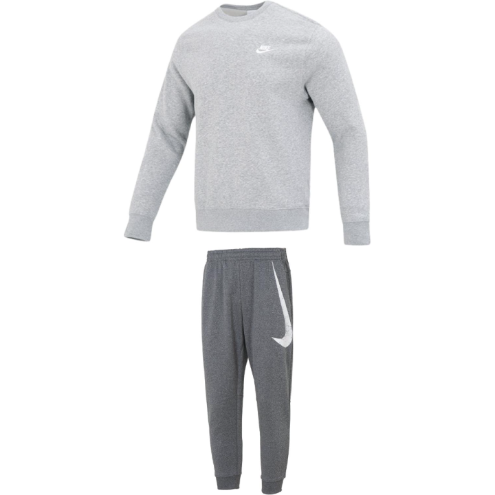 Nike Nike Casual Sportswear Men's Set Light Gray Top+Black Pants Crew Neck Thickened And Fleece Lined