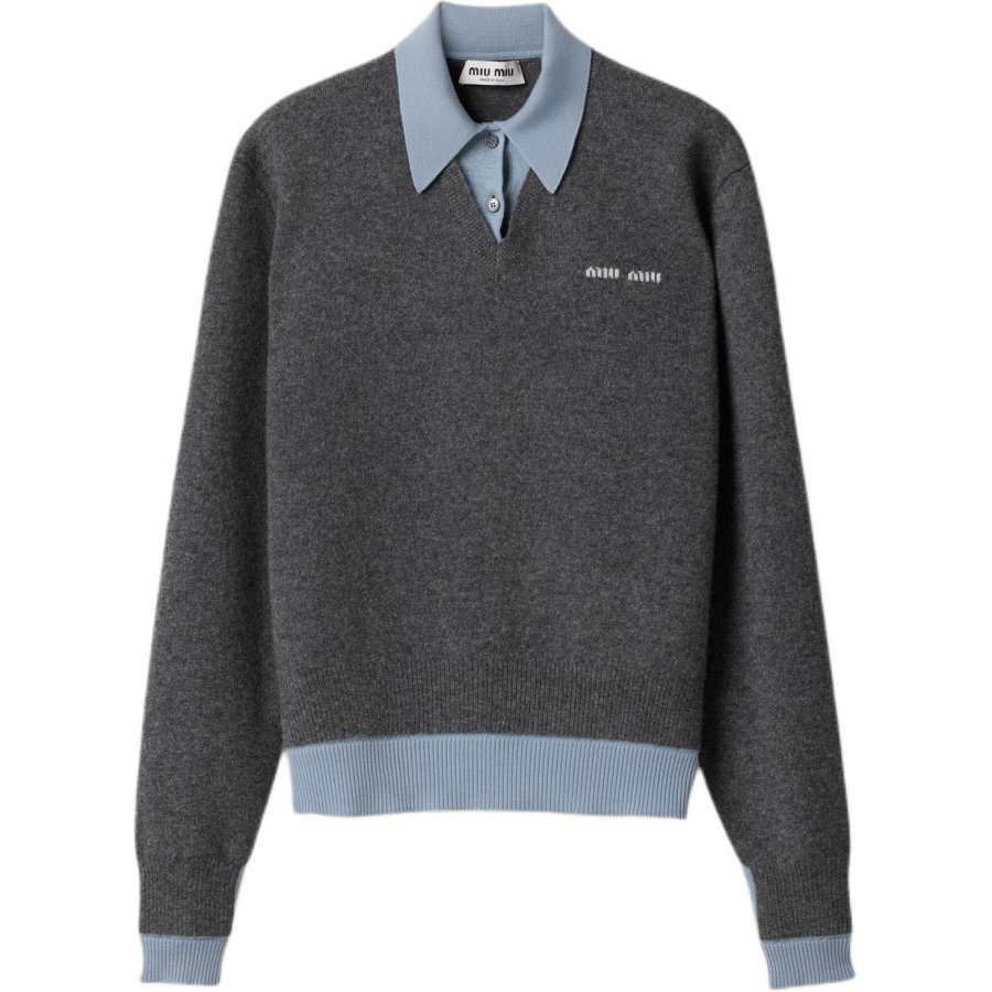MIU MIU Cashmere Wool Polo Gray/Blue Cashmere