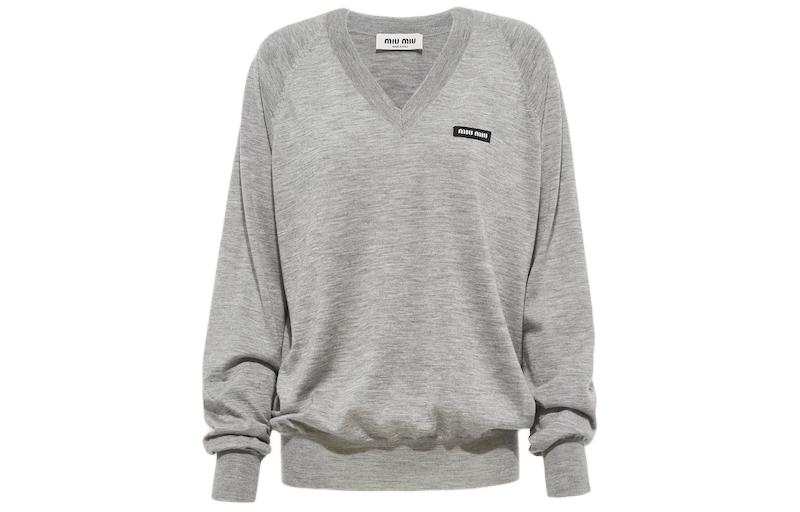 MIU MIU Cashmere And Silk V Neck Sweater Sweatshirt Women's Gray