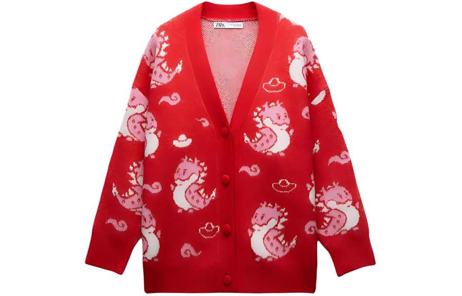 ZARA Year Of The Dragon Limited Edition Collection Knitwear Women's Red V Neck Moderate Cardigan