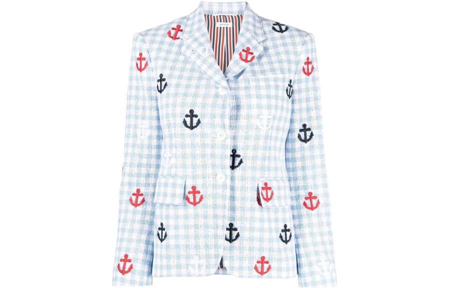 THOM BROWNE THOM BROWNE Anchor-embroidered Gingham Bouclé Blazer