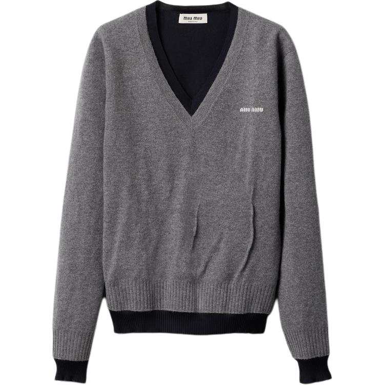 MIU MIU Silk Cashmere V Neck Sweater Grigio Blu