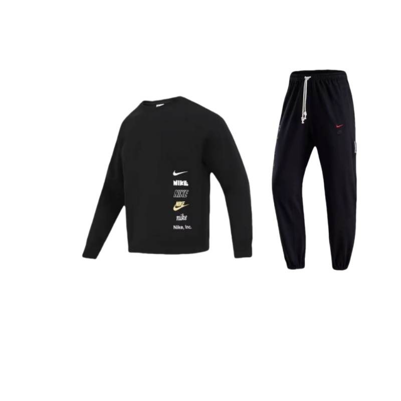 Nike Nike Letter Logo Fleece Lined Crew Neck Pullover Long Sleeved Elastic Cuff Pants Casual Sportswear Unisex Black