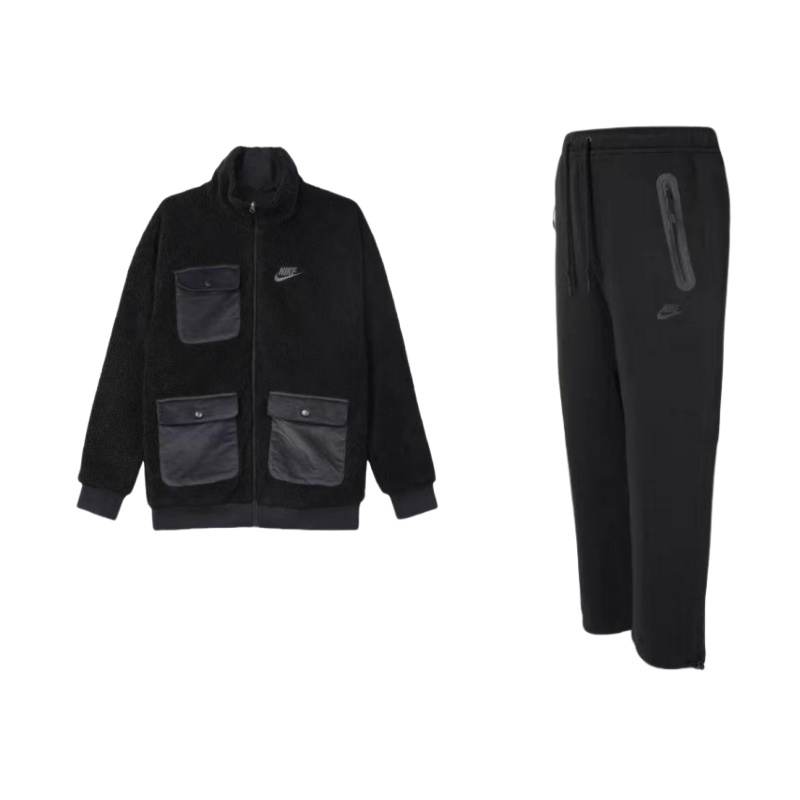 Nike Nike Stand Collar Zippers Sherpa Jackets & Coats Fleece Lined Knitted Fabric Pants Casual Sportswear Men's Black