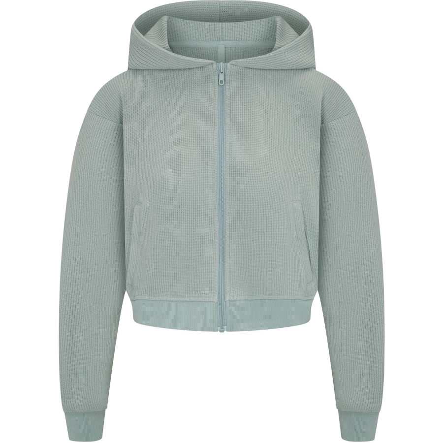 Skims FW24 HEAVY WAFFLE CROPPED ZIP UP HOODIE Sweatshirt Women's VAPOR/Steam Color