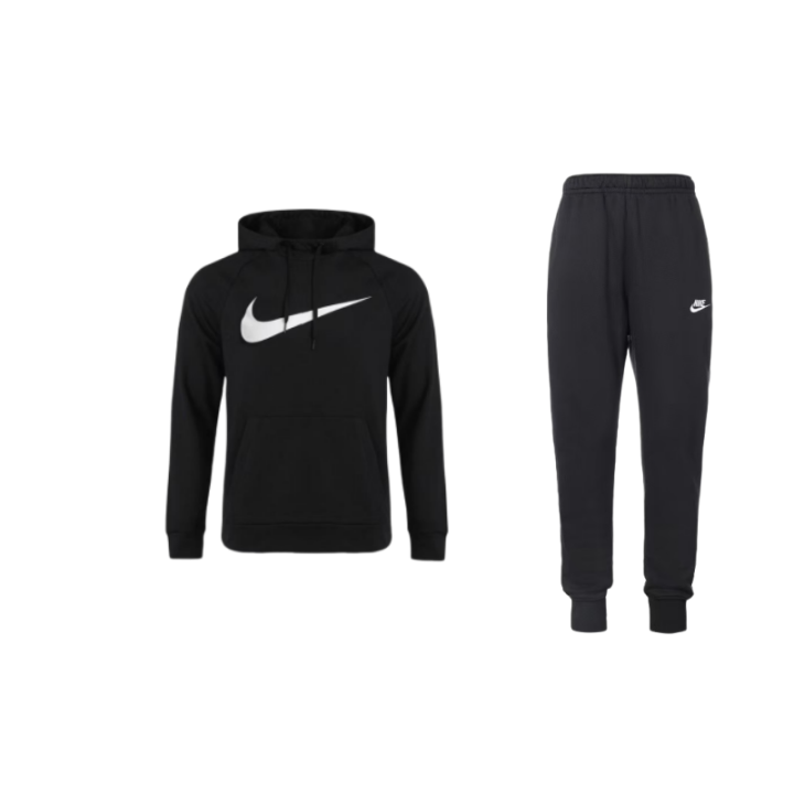 Nike Nike Logo Hooded Pullover Fleece Lined Long Sleeved Elastic Cuff Mid Rise Pants Casual Sportswear Men's Black