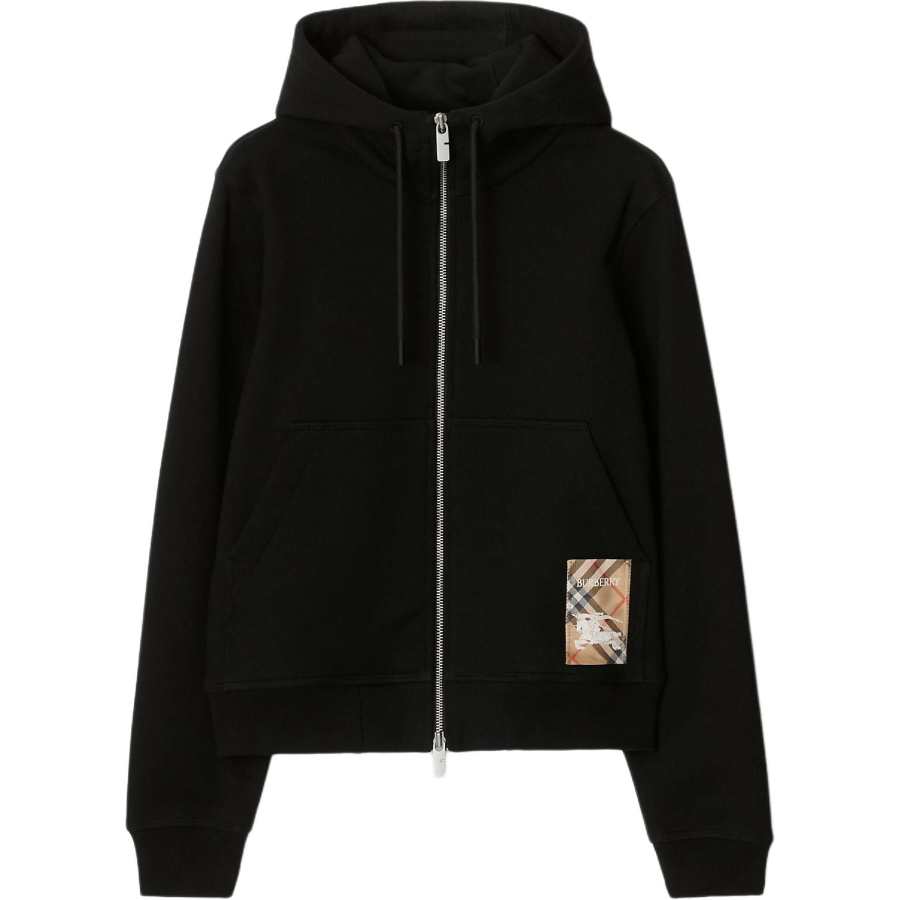 Burberry Check-Label Zip-Up Drawstring Hoodie