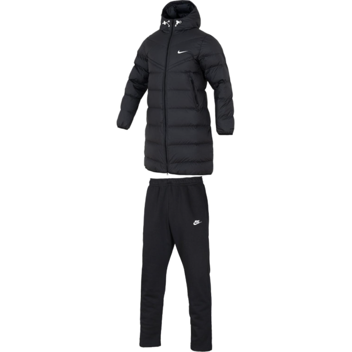 Nike Nike Hooded Long Thermal Coat Straight Fit Fleece Lined Minimalist Style Pants Casual Sportswear Men's Black