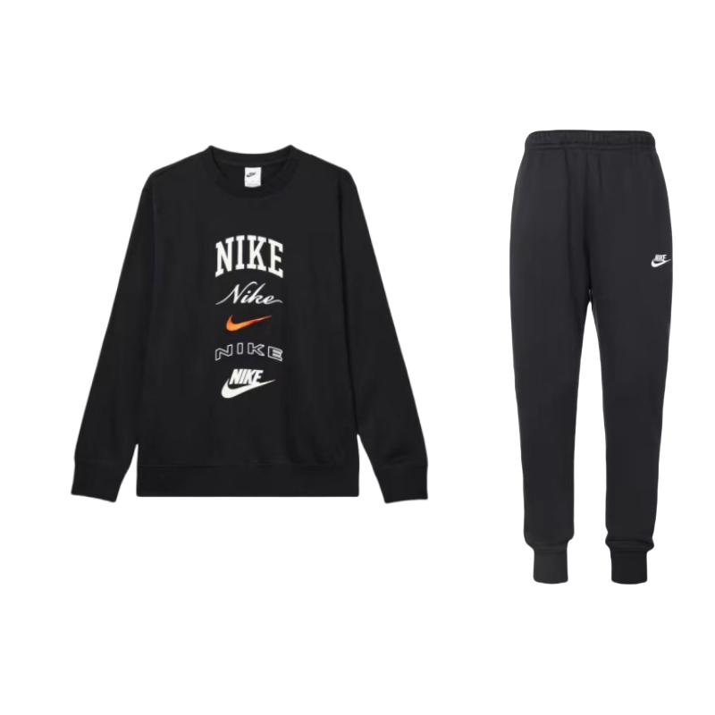 Nike Nike Letter Print Crew Neck Fleece Lined Long Sleeved Elastic Cuff Hemmed Pants Casual Sportswear Unisex Black