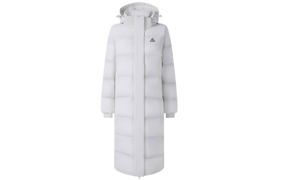 PEAK Solid Color Small Logo Print Hooded Fleece Lined Thermal Thickened Mid Length Down Jacket Women's All White