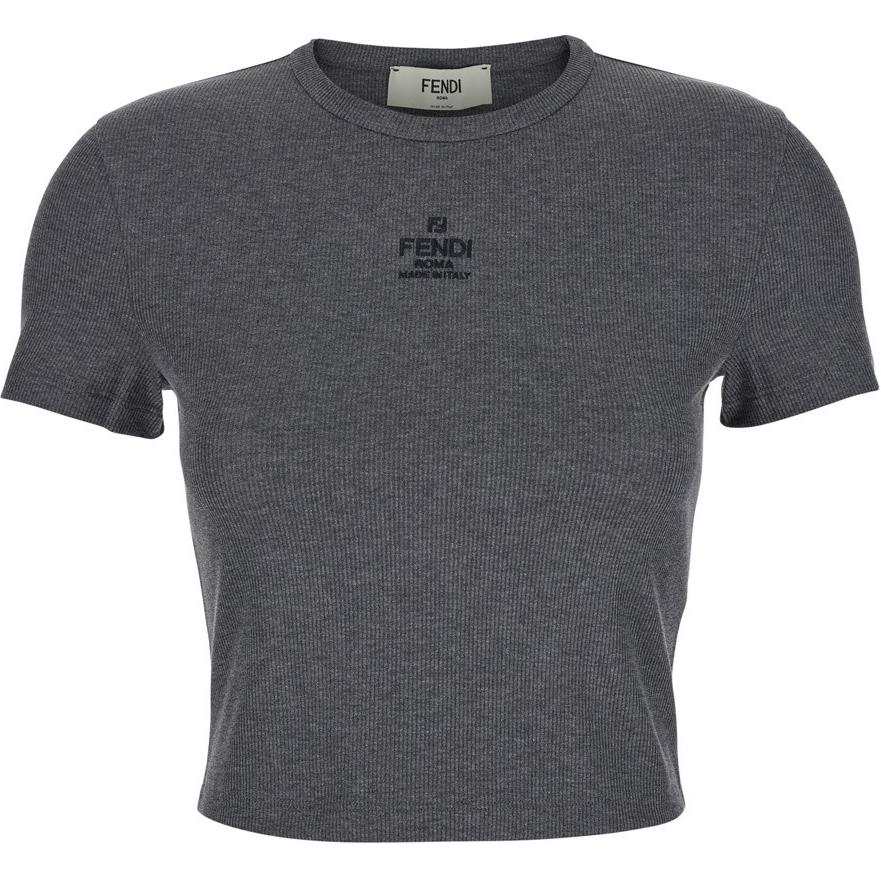 FENDI Logo Lettering Ribbed Cropped T-Shirt