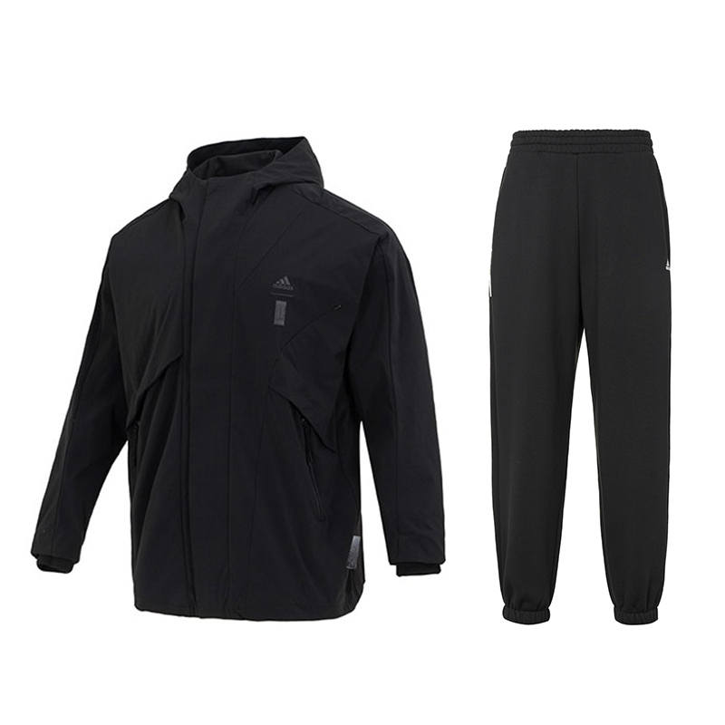 Adidas Adidas Fleece Lined Hooded Zipper Long Sleeved Coat Elastic Cuff Loose Fit Knitted Fabric Pants Casual Sportswear Men's