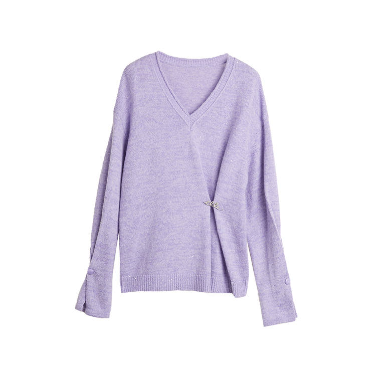 ELLE Knitwear Women's Purple V Neck Moderate