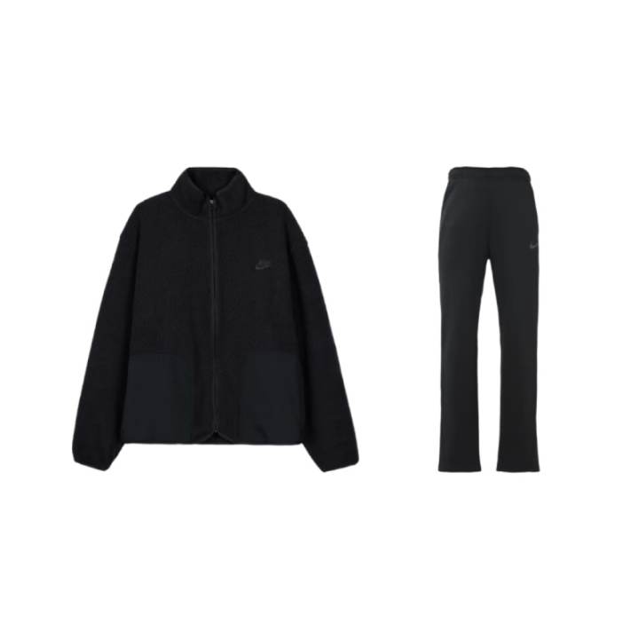 Nike Nike Solid Color Loose Fit Full Zippers Stand Collar Velvet Jacket Fleece Lined Running Pants Casual Sportswear Men's