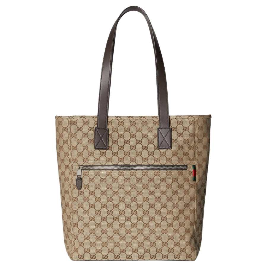GUCCI Canvas Tote Bag, Shopping Bag, Shoulder Bag Large Men's Beige & Dark Brown