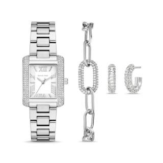 MICHAEL KORS Set de regalo con reloj Emery petite en tono plateado y joyas