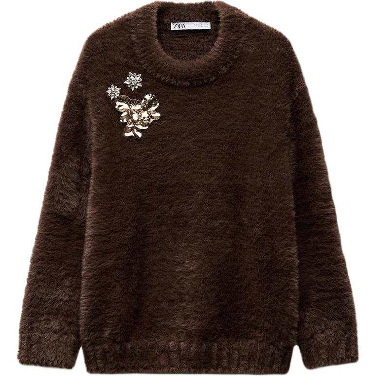 ZARA Knitwear Women's Brown Crew Neck Moderate