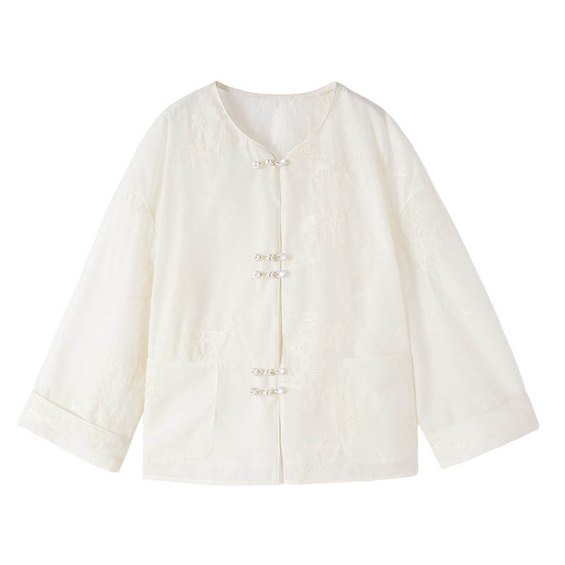 XIANGYING Shirts Women's Ecru Crew Neck Thin Shirt