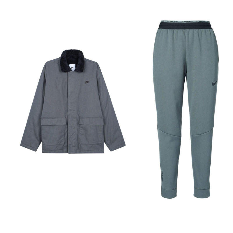 Nike Nike Embroidery Fleece Lined Zipper Lapel Long Sleeved Mid Rise Elastic Pants Casual Sportswear Men's Gray