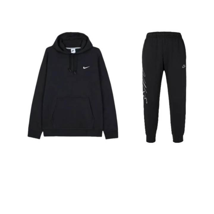 Nike Nike Solid Color Hooded Fleece Lined Comfortable Long Sleeved Sweatshirt Pants Casual Sportswear Unisex Black