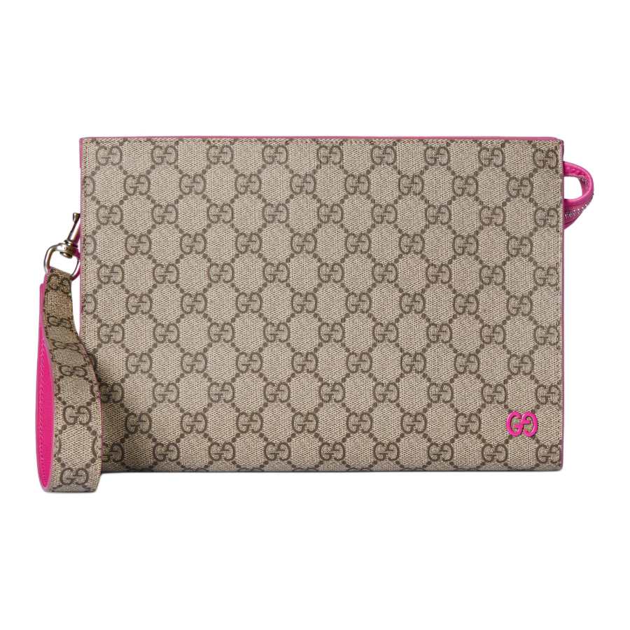 GUCCI GG Supreme Artificial Leather Clutch Women's Dark Brown & Pink