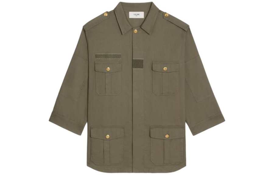 CELINE Coats Women's Army Green Lapel Moderate Straight Fit