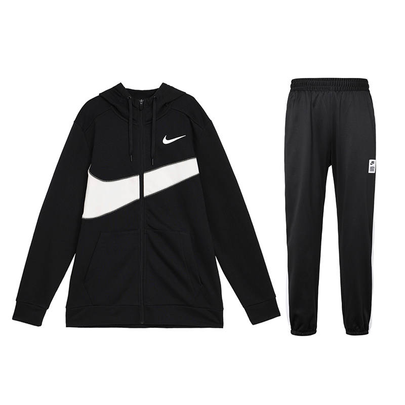Nike Nike Hooded Zip Up Jackets Coat Fleece Lined Thermal Knitted Fabric Pants Casual Sportswear Men's Black
