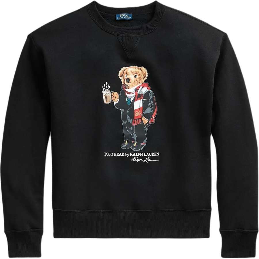 Polo Ralph Lauren FW23 Coffee Bear Pattern Crew Neck Fleece Lined Long Sleeved Sweatshirt Women's Black
