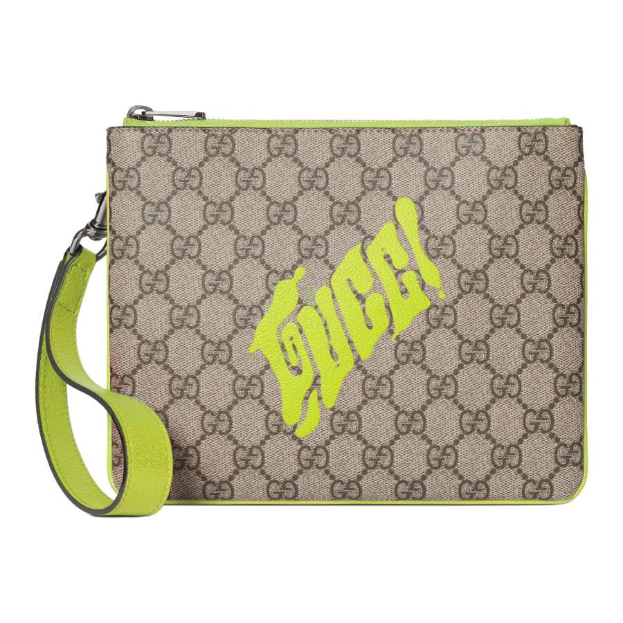 GUCCI Coated Fabric Clutch Small Women's Beige & Emerald Green