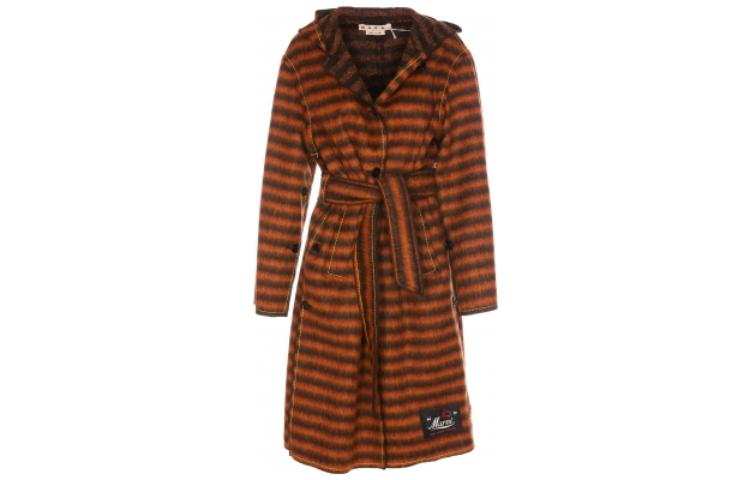 MARNI Belted Waist Striped Hooded Coat