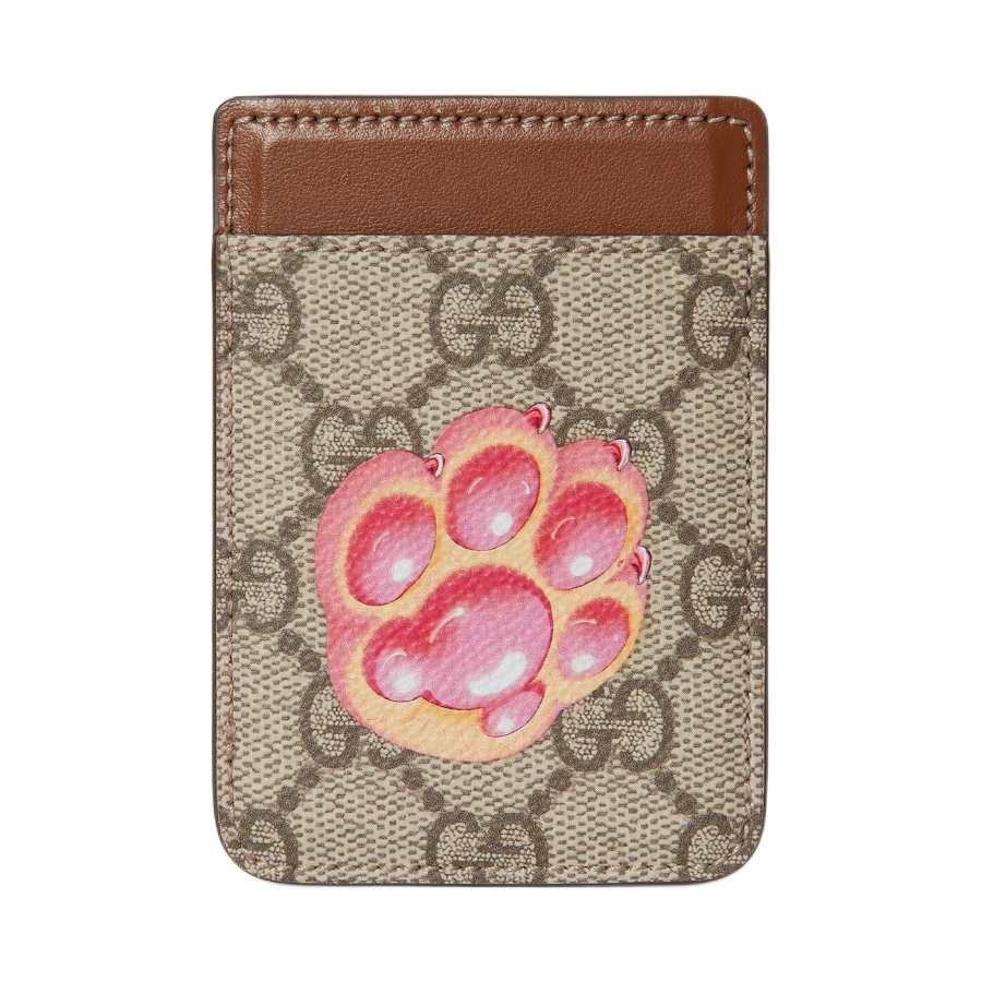 GUCCI Canvas With Leather Card Holder Women's Beige & Dark Brown