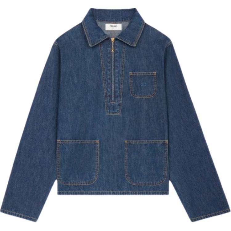 CELINE Quater Zipped Logo Embroidered Denim Shirt