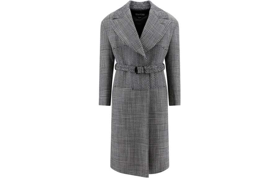 TOM FORD Houndstooth Pattern Straight Hem Belted Coat