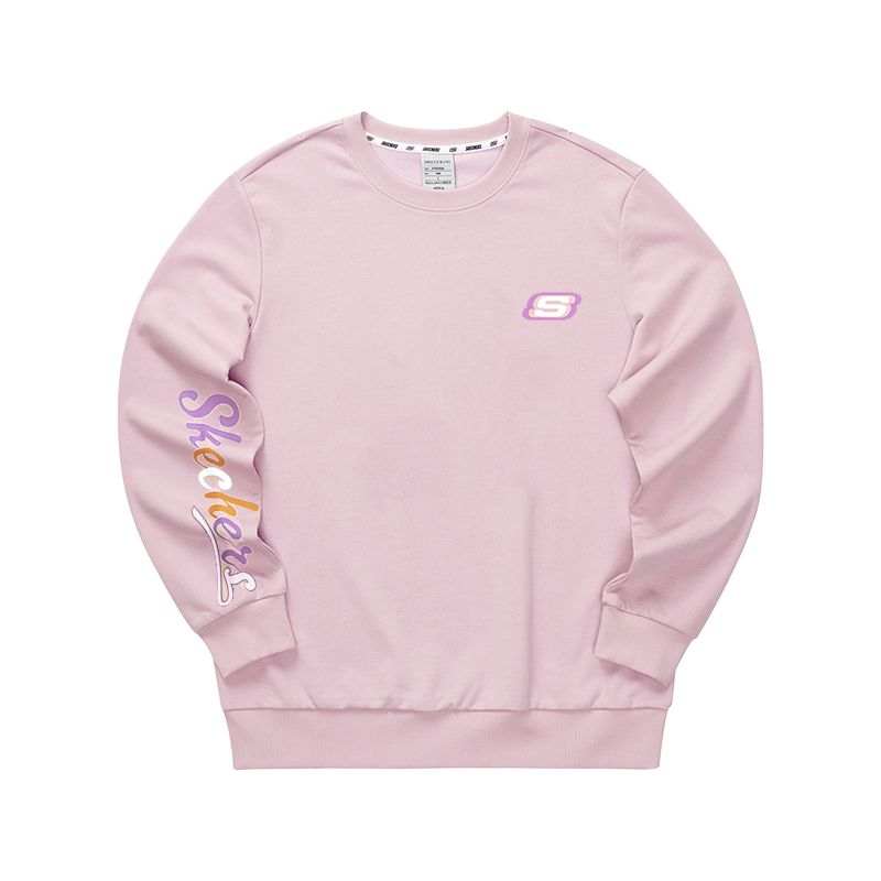 Skechers Colorful Brand Logo Pullover Crew Neck Fleece Lined Long Sleeved Sweatshirt Women's Gray Pink