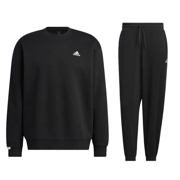 Adidas Adidas Print Thickened And Fleece Lined Crew Neck Pullover Long Sleeved Mid Rise Lace Up Pants Casual Sportswear Men's