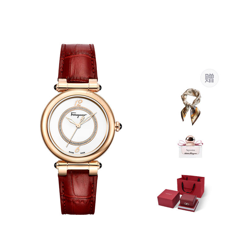 FERRAGAMO Baby's Breath Sparkling Miracle Wrist Watches Quartz Movement Genuine Leather Cow Leather Strap Silver Dial