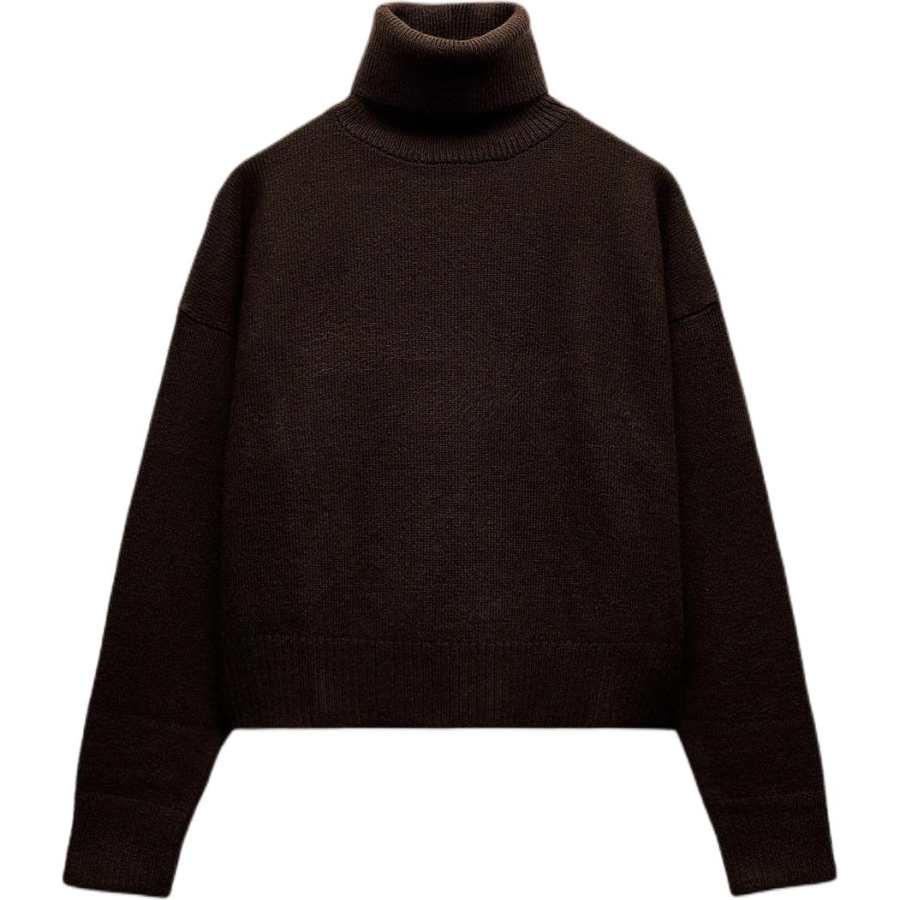 ZARA Knitwear Women's Brown Stand Collar Moderate