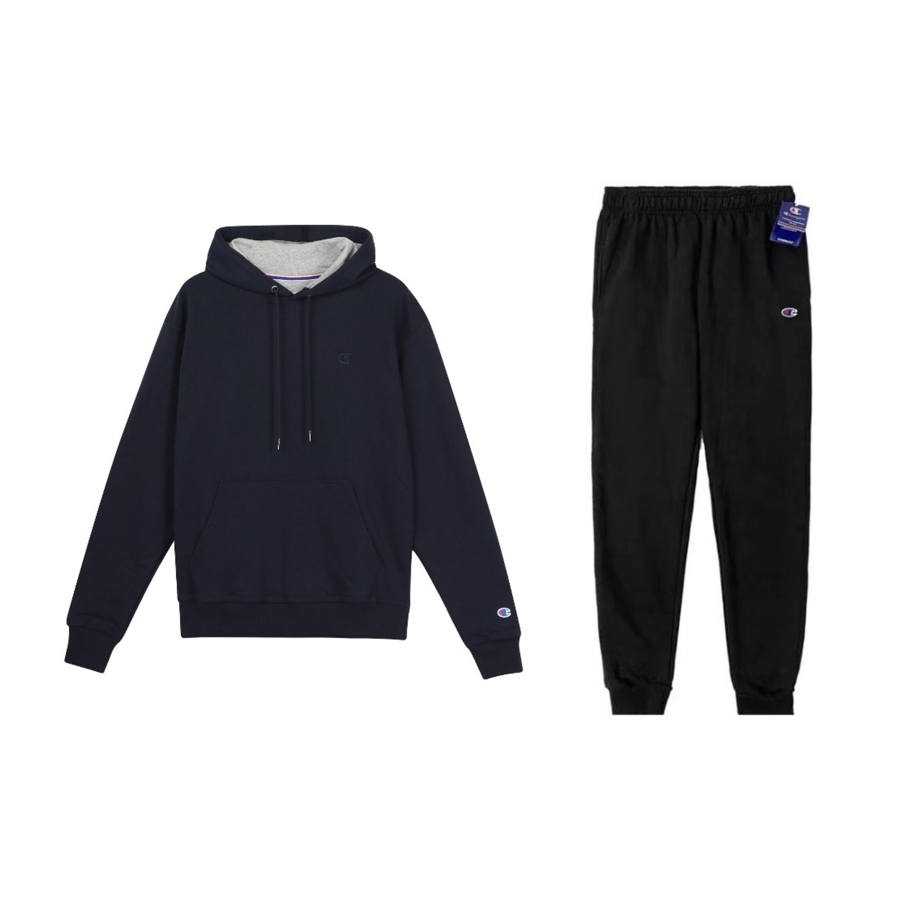 Champion Double Logo Pullover Embroidery Sweatshirt Loose Fit Elastic Cuff Fleece Lined Sweatpants