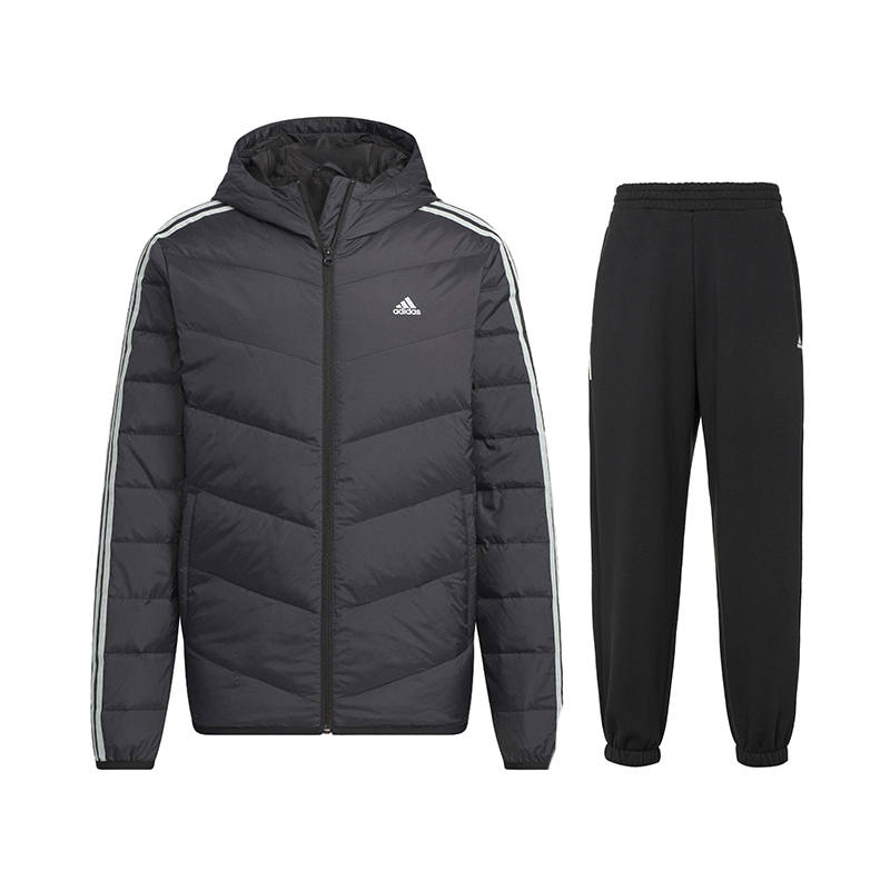 Adidas Adidas Hooded Zippers Down Jacket Thickened And Fleece Lined Elastic Cuff Loose Fit Pants Casual Sportswear Men's Black