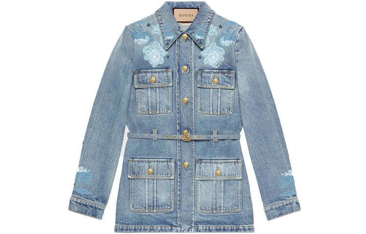 GUCCI Fw22 Tanabata Series Denim Jackets Women's Blue Lapel Moderate Straight Fit