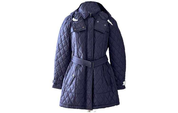 Burberry Women's Solid Color Belted Mid-length Hooded Cotton Coat Blue